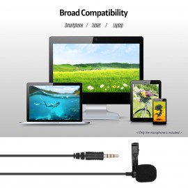 Mini Lavalier Microphone Omnidirectional Condenser Clip-on Mic with 3.5mm TRRS Plug 1.5-Meter-Long Cable for Smartphone Tablet Computer Professional Recording Video Shooting Online Teaching