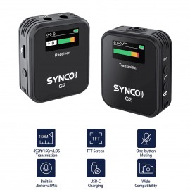 SYNCO G2(A1) 1-Trigger-1 2.4G Wireless Microphone System with 1 Receiver + 1 Transmitter + 1 Lavalier Microphone 150M Transmission Range TFT Screen 3.5mm Plug for Smartphone Camera Camcorder Vlog Live   Streaming Interview Video Recording