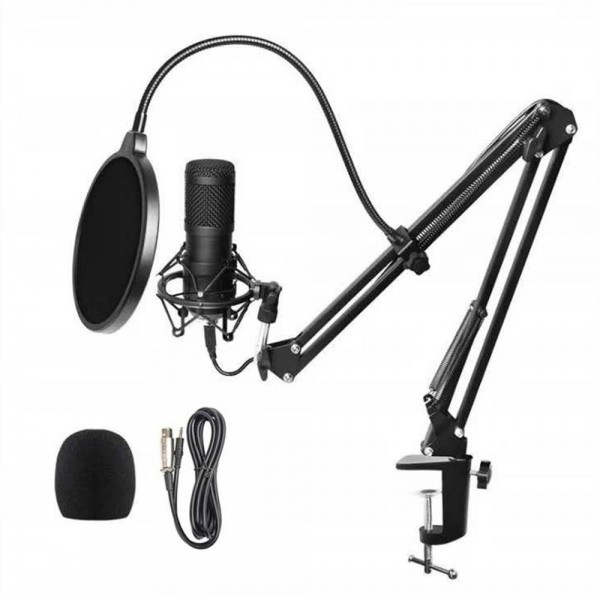 Studio Recording Condenser Microphone Kit with Shock Mount + Flexible Scissor Arm Stand + Pop Filter + Windscreen + Connection Cable for Network Broadcasting Online Singing