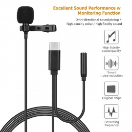 1.5 Meter Type-C Omni-directional Lapel Lavalier Microphone Clip-on Recording Condenser Microphone with Monitoring Function for Laptop Computer Smartphone Tablet Camera with Type-C Port