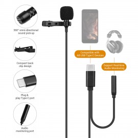 1.5 Meter Type-C Omni-directional Lapel Lavalier Microphone Clip-on Recording Condenser Microphone with Monitoring Function for Laptop Computer Smartphone Tablet Camera with Type-C Port