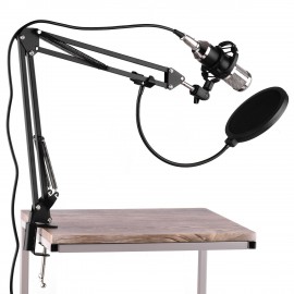 Professional Broadcasting Studio Recording Condenser Microphone Kit with Mic Windscreen + Shock Mount + Adjustable Suspension Scissor Arm Stand + Mounting Clamp + Pop Filter + Audio Cable