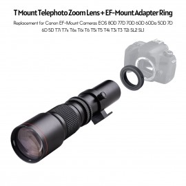 500mm F/8.0-32 Multi Coated Super Telephoto Lens Manual Zoom + T-Mount to EF-Mount Adapter Ring Kit Replacement for Canon EOS Rebel T3 T3i T4i T5 T5i T6 T6i T6s T7 T7i SL1 SL2 6D 7D   60D 70D 77D 80D 5D II/III/IV DSLR Camera