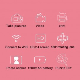 WiFi Instant Print Cameras Kids Camera 2.4 Inch Screen 1080P Video Recording Zero Ink 180° Rotation Lens with Print Paper 12 Color Pens for Children Kids Age 4+