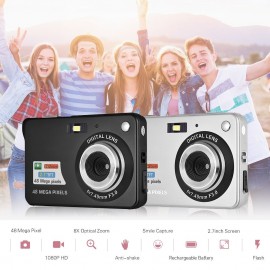 Portable 1080P Digital Camera Video Camcorder 48MP Anti-shake 8X Zoom 2.7 Inch LCD Screen Face Detact Smile Capture Built-in Lithium Battery with Carry Bag Wrist Strap for Kids Teens