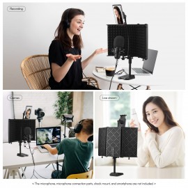 Microphone Isolation Shield Compact Foldable Tabletop Mic Windscreen 3-Panel Sound Absorbing Foam Reflector with Supporting Rod Base Phone Clip 5/8 Inch Screw Adapter for Studio Professional Recording Singing Live Stream