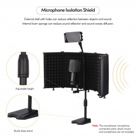 Foldable Microphone Isolation Shield 5-Panel Mic Sound Absorbing Foam Reflector with 3/8 Inch & 5/8 Inch Mic Threaded Mount Desktop Stand Smartphone Tablet Clip for Studio Live Streaming Audio Recording